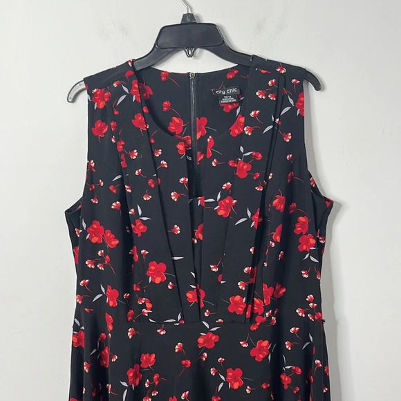 City Chic Lyra Red Floral Fit & Flare Sleeveless Dress - Picture 3 of 9